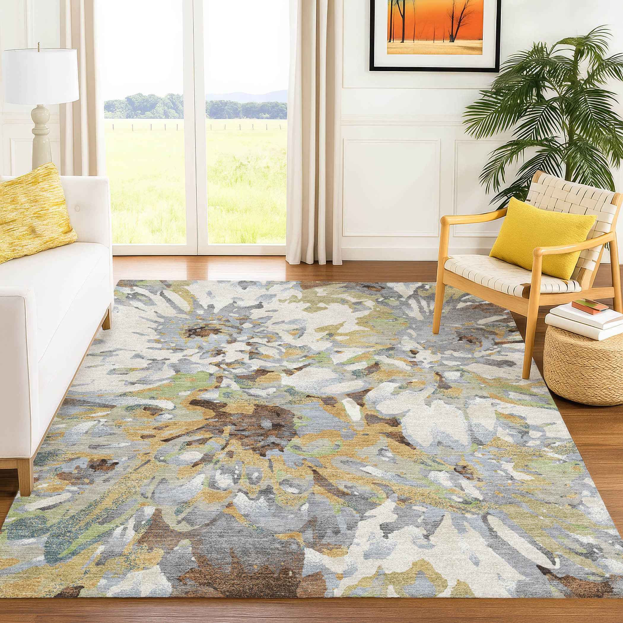 10' X 14' Wheat Ivory And Gray Floral Washable Indoor Outdoor Area Rug