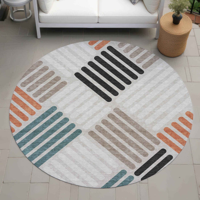 8' Sand Ivory And Black Round Geometric Washable Indoor Outdoor Area Rug