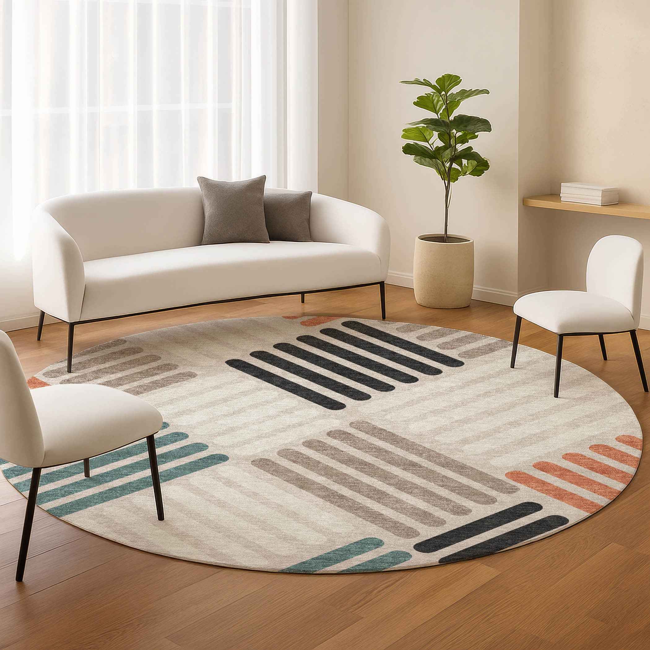 8' Sand Ivory And Black Round Geometric Washable Indoor Outdoor Area Rug