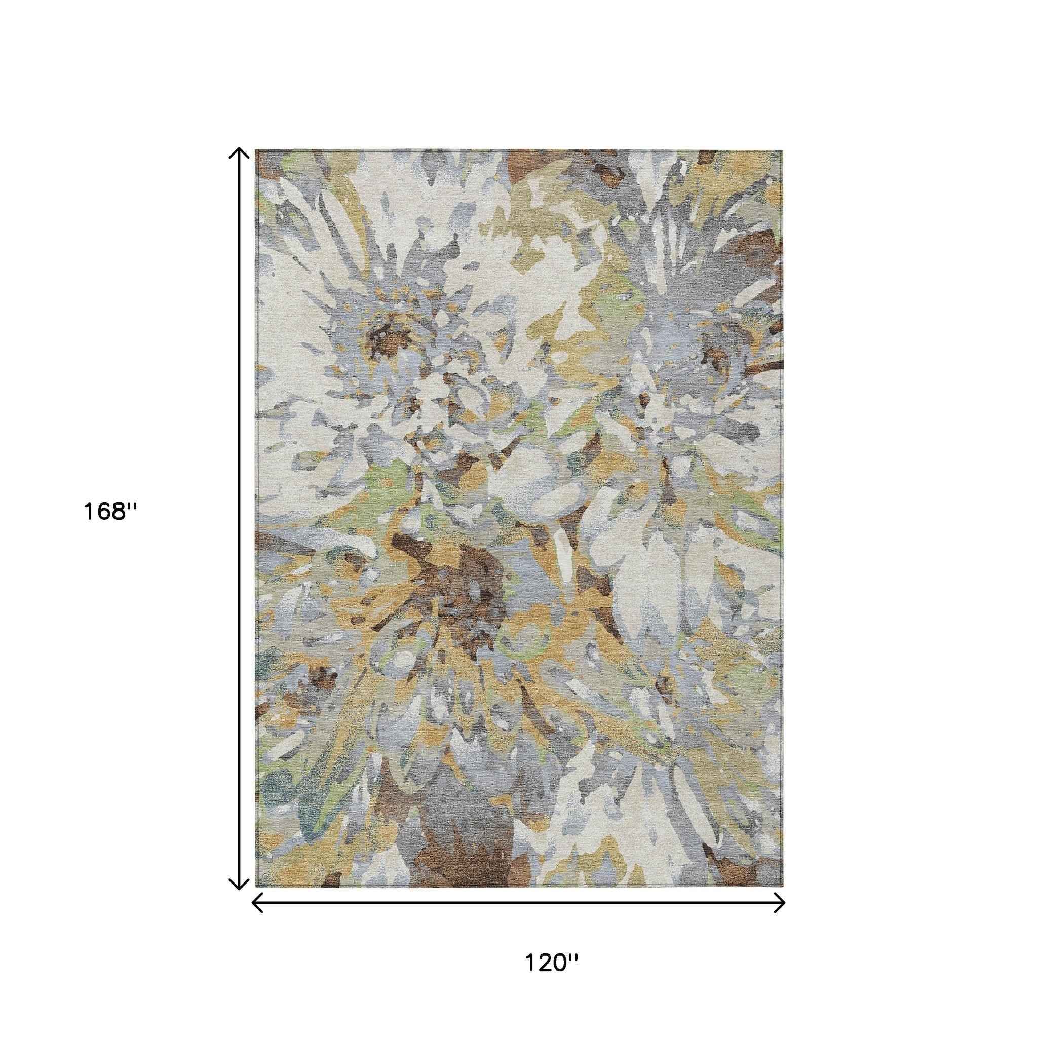 10' X 14' Wheat Ivory And Gray Floral Washable Indoor Outdoor Area Rug