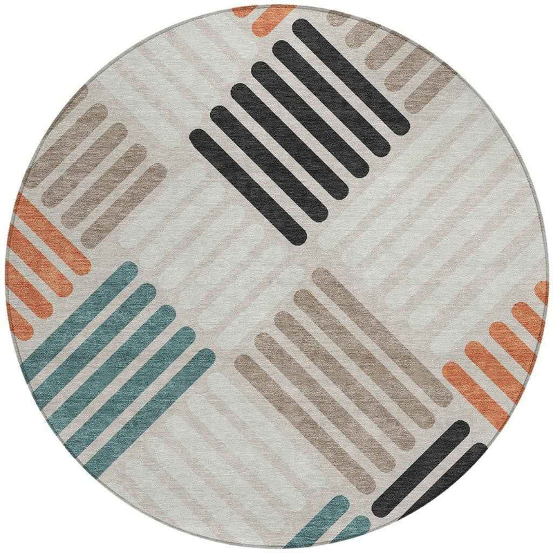 8' Sand Ivory And Black Round Geometric Washable Indoor Outdoor Area Rug