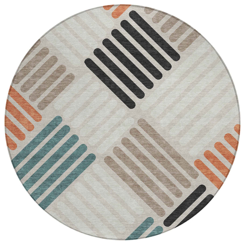 8' Sand Ivory And Black Round Geometric Washable Indoor Outdoor Area Rug