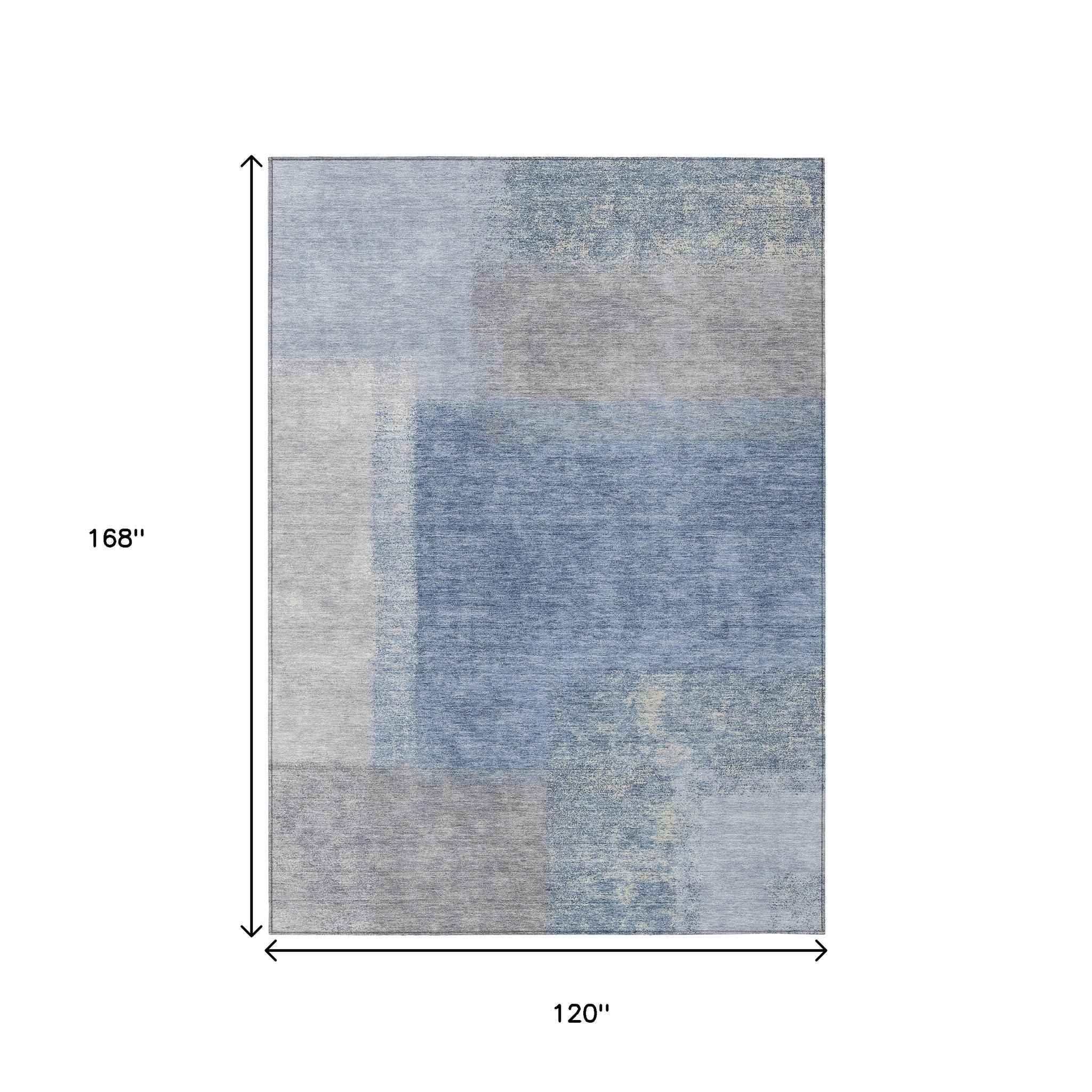 10' X 14' Denim Blue Ivory And Gray Abstract Washable Indoor Outdoor Area Rug