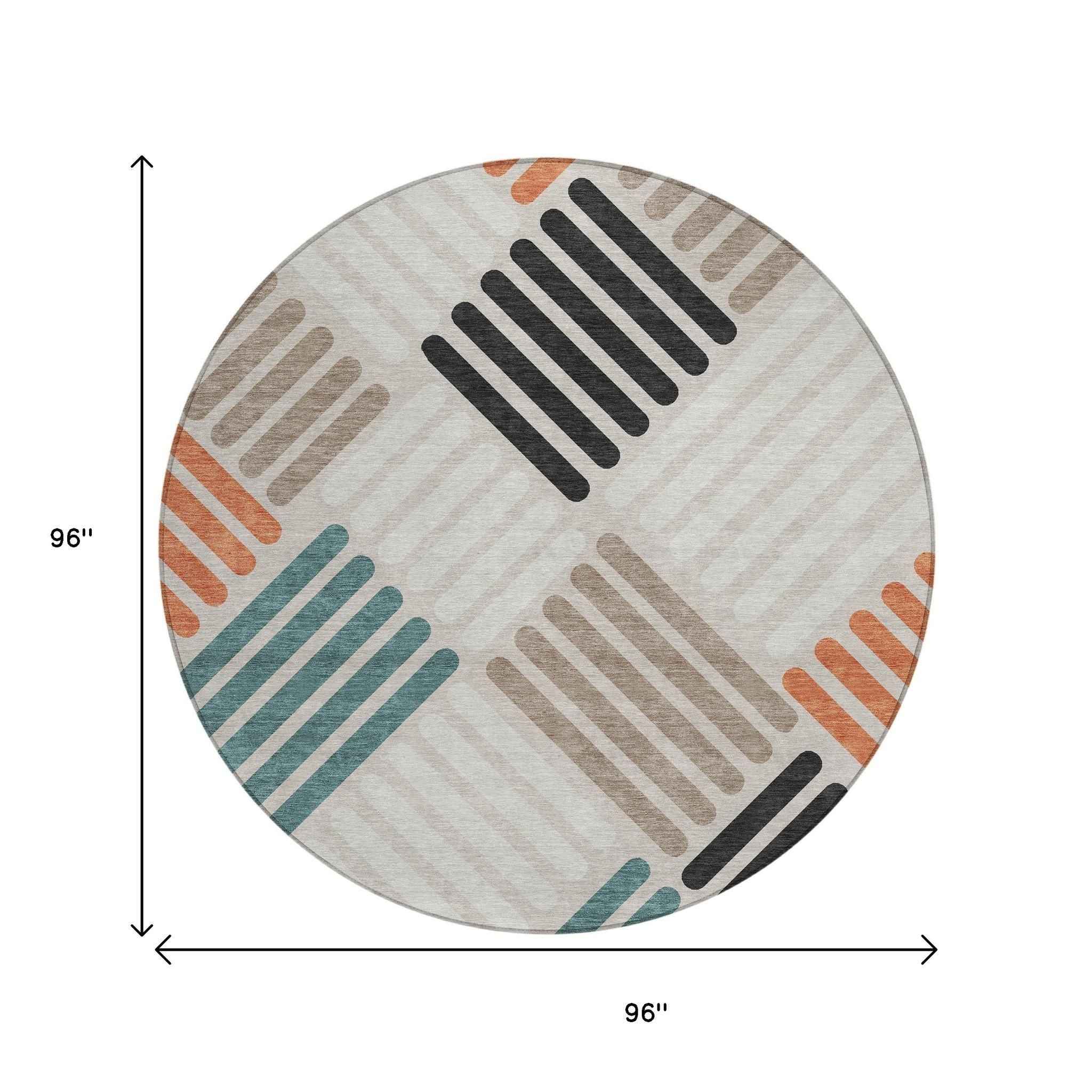 8' Sand Ivory And Black Round Geometric Washable Indoor Outdoor Area Rug