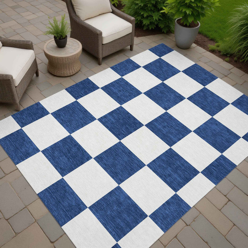 8' X 10' Navy Blue And Ivory Geometric Washable Indoor Outdoor Area Rug