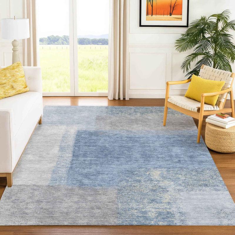 10' X 14' Denim Blue Ivory And Gray Abstract Washable Indoor Outdoor Area Rug