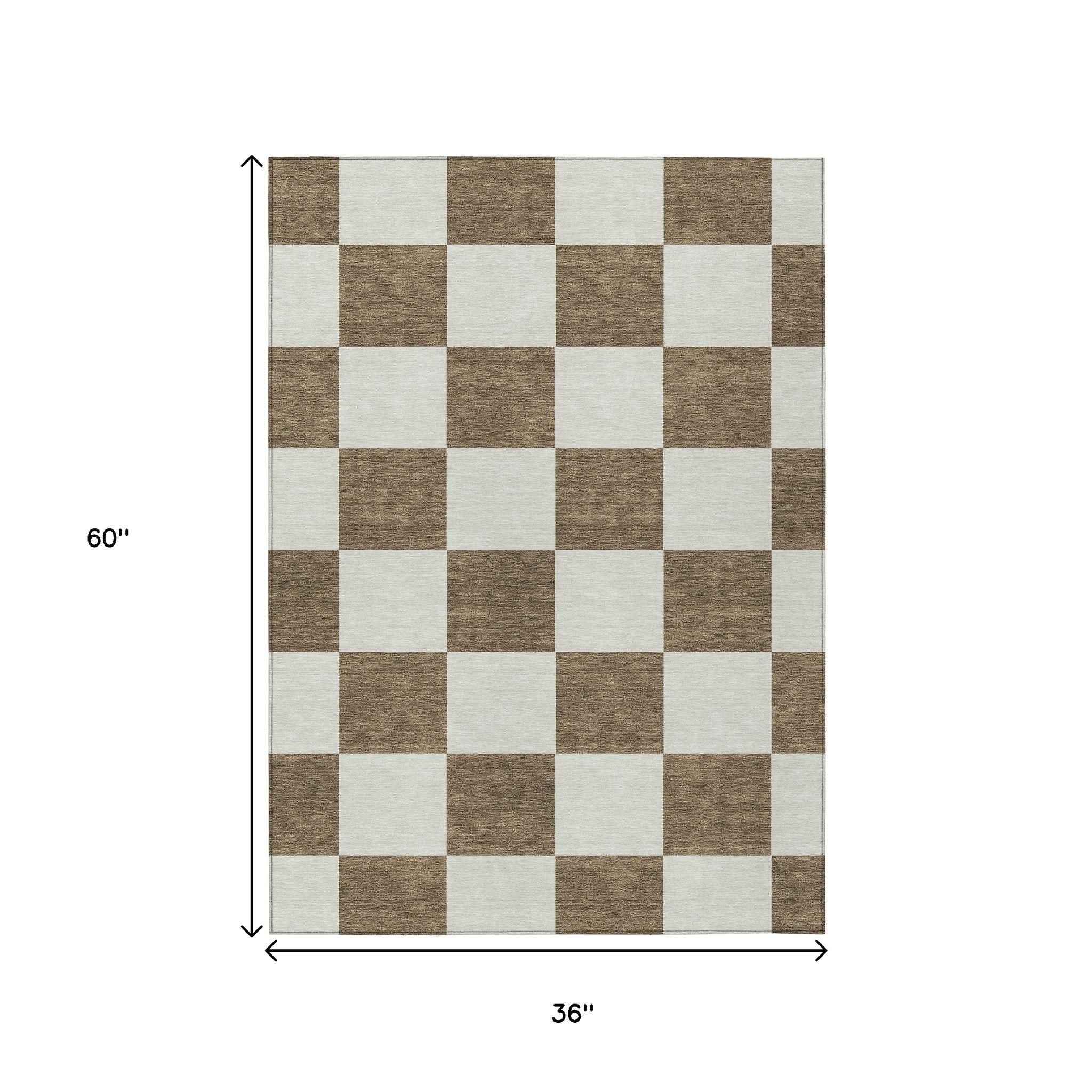 3' X 5' Chocolate And Ivory Geometric Washable Indoor Outdoor Area Rug