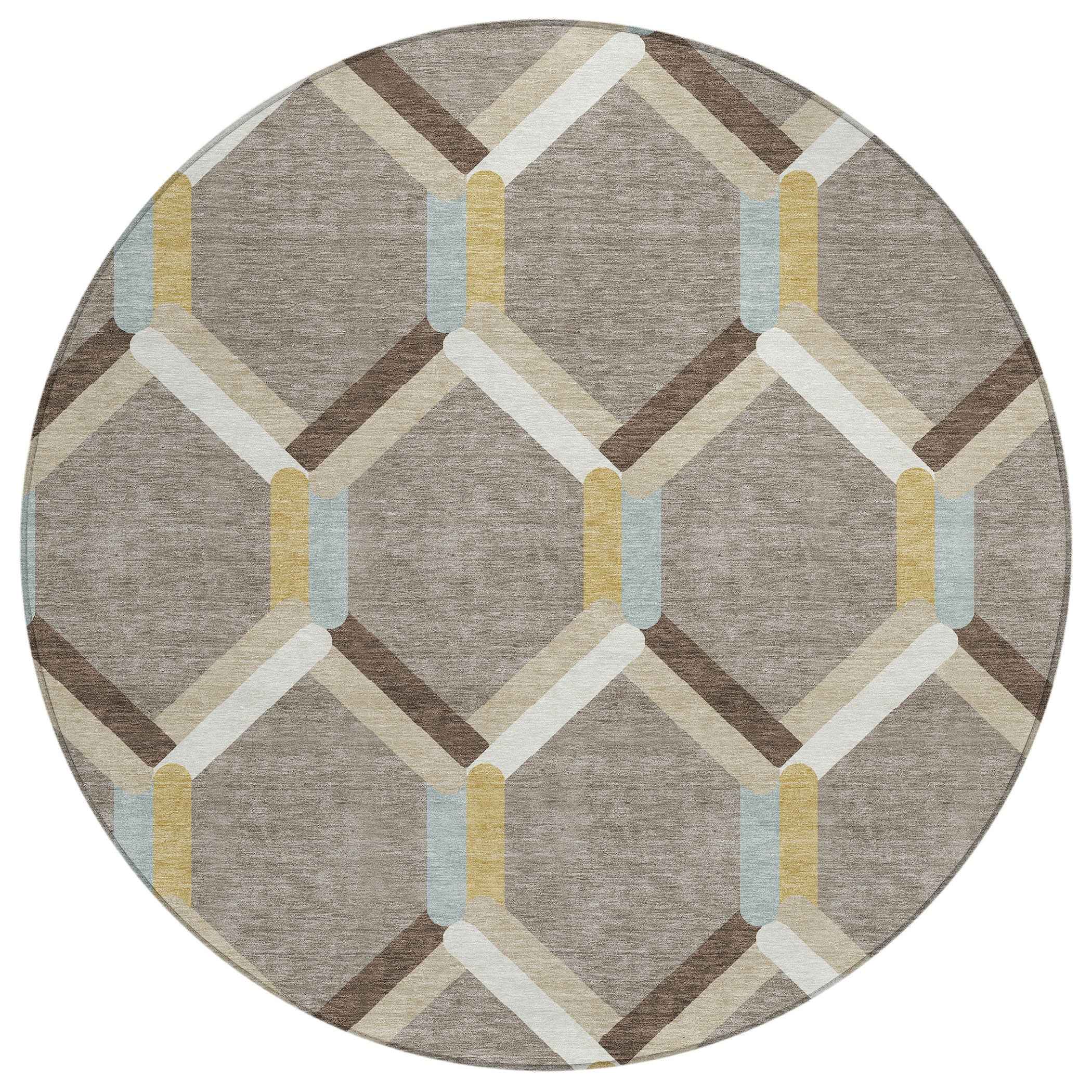8' Brown Ivory And Beige Round Geometric Washable Indoor Outdoor Area Rug
