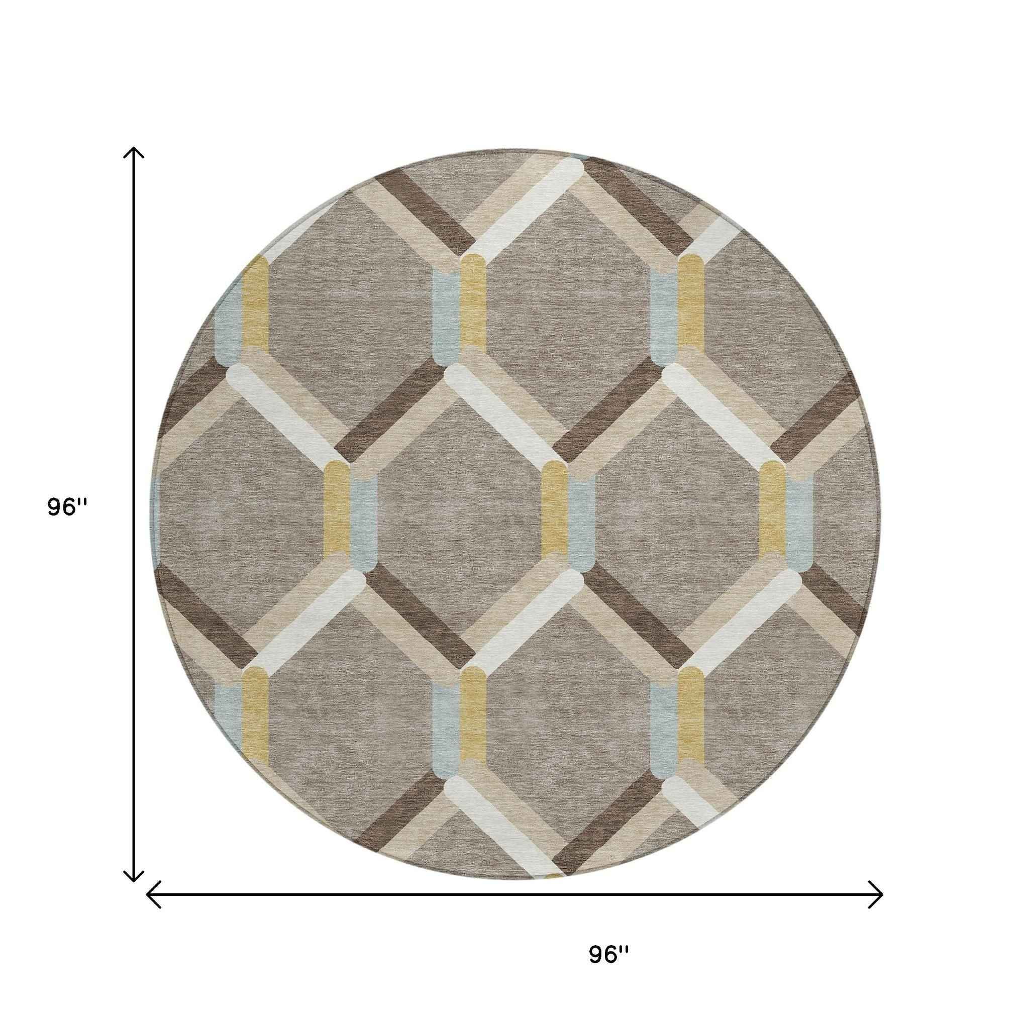 8' Brown Ivory And Beige Round Geometric Washable Indoor Outdoor Area Rug