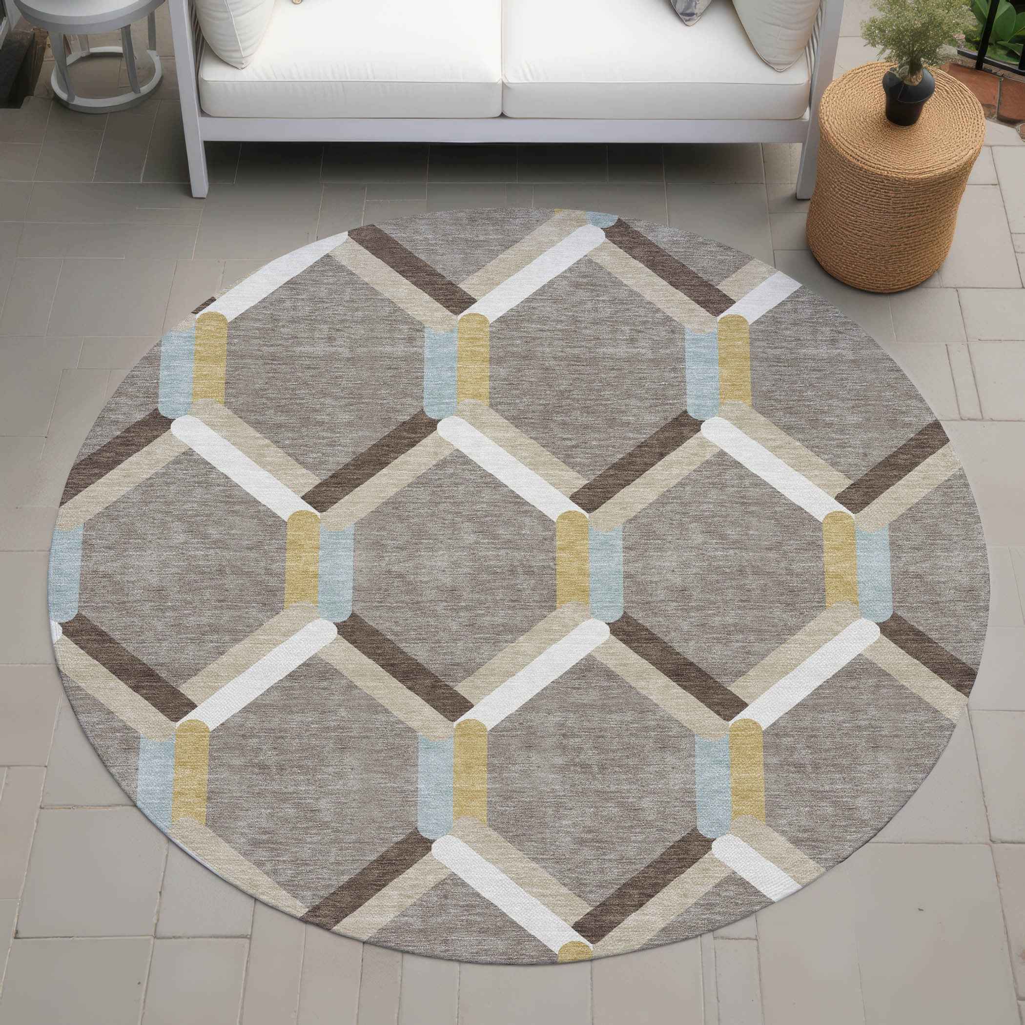 8' Brown Ivory And Beige Round Geometric Washable Indoor Outdoor Area Rug