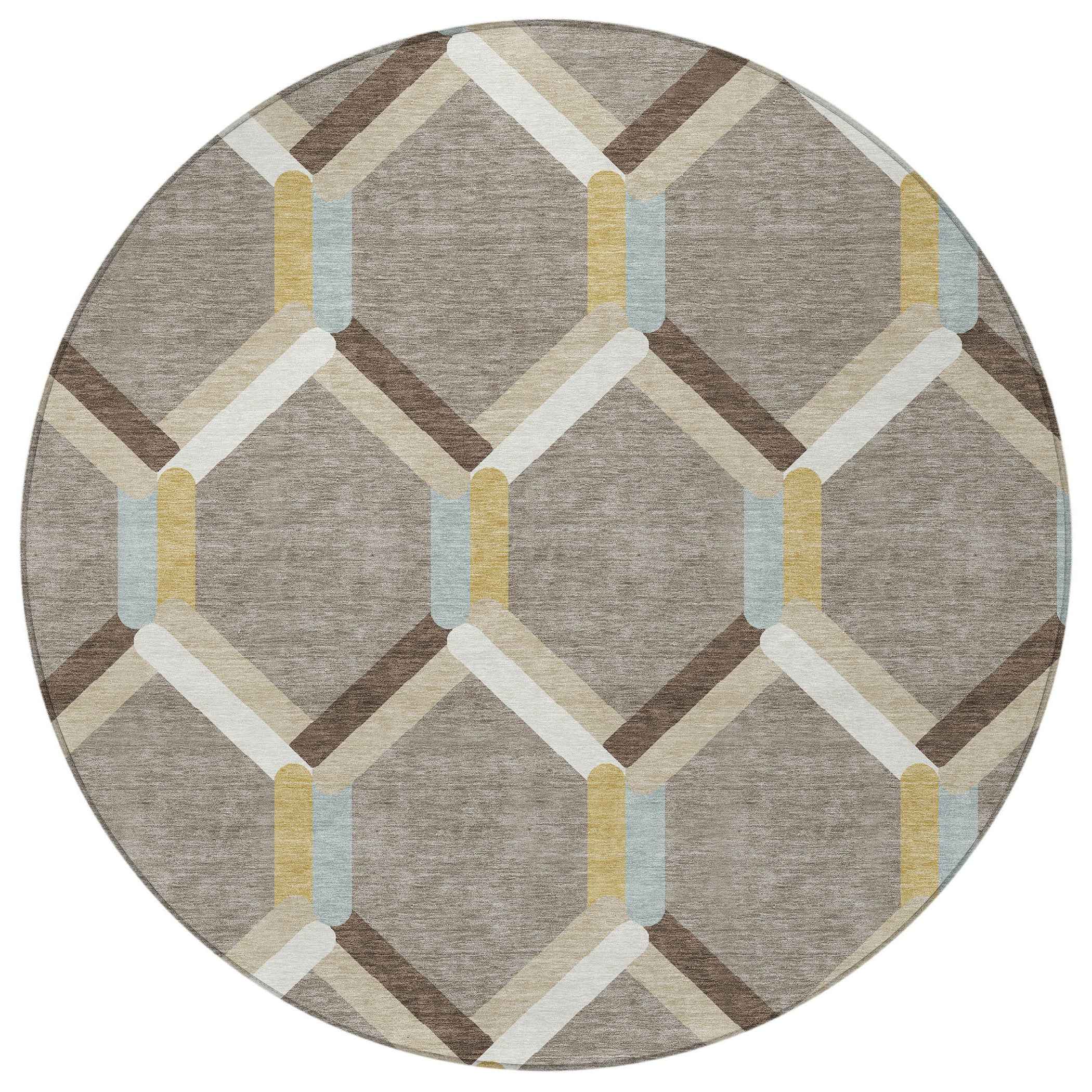 8' Brown Ivory And Beige Round Geometric Washable Indoor Outdoor Area Rug