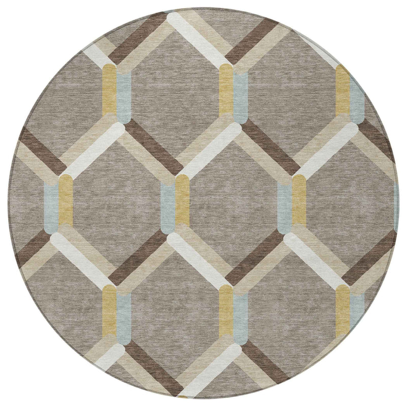 8' Brown Ivory And Beige Round Geometric Washable Indoor Outdoor Area Rug