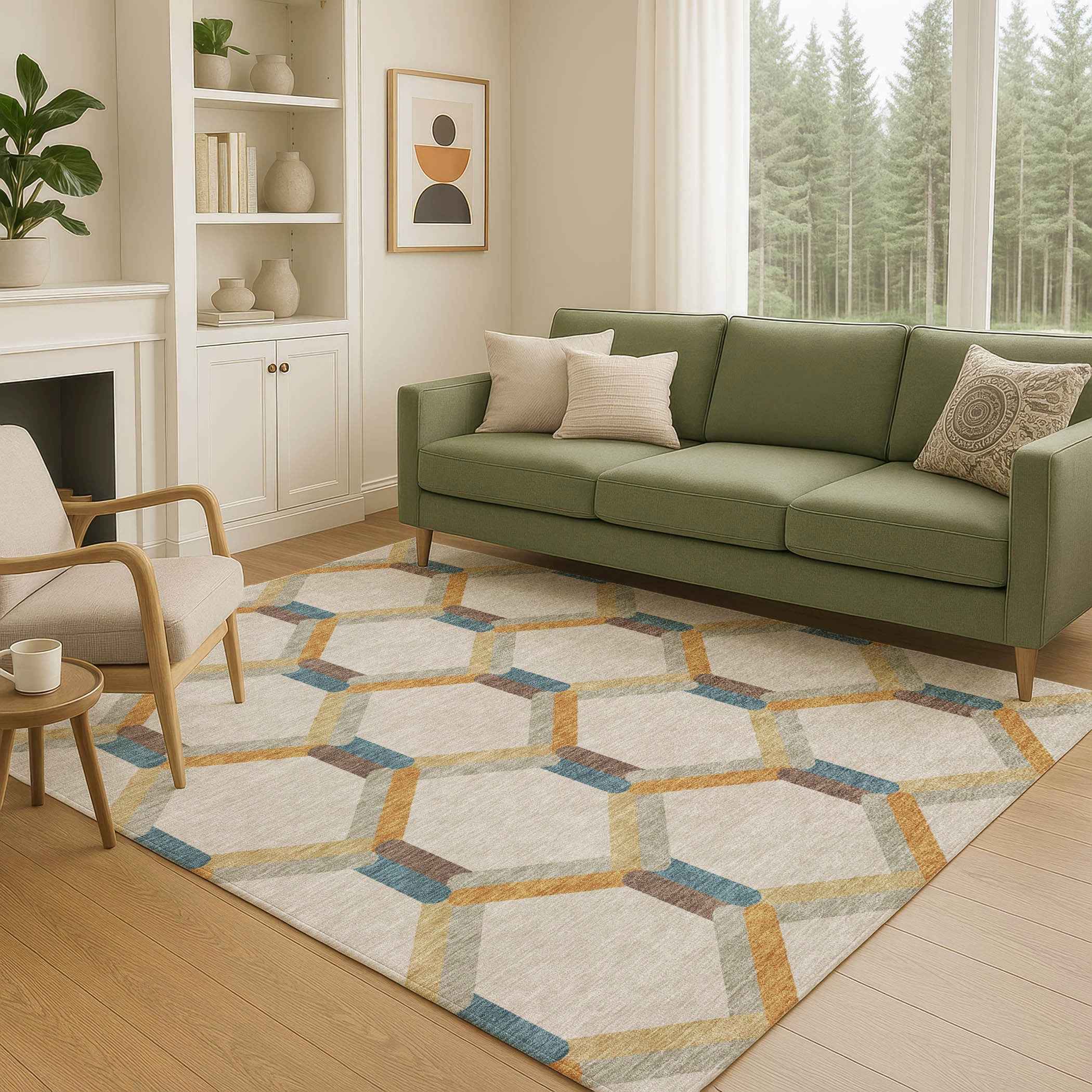 5' X 8' Beige Wheat And Blue Geometric Washable Indoor Outdoor Area Rug