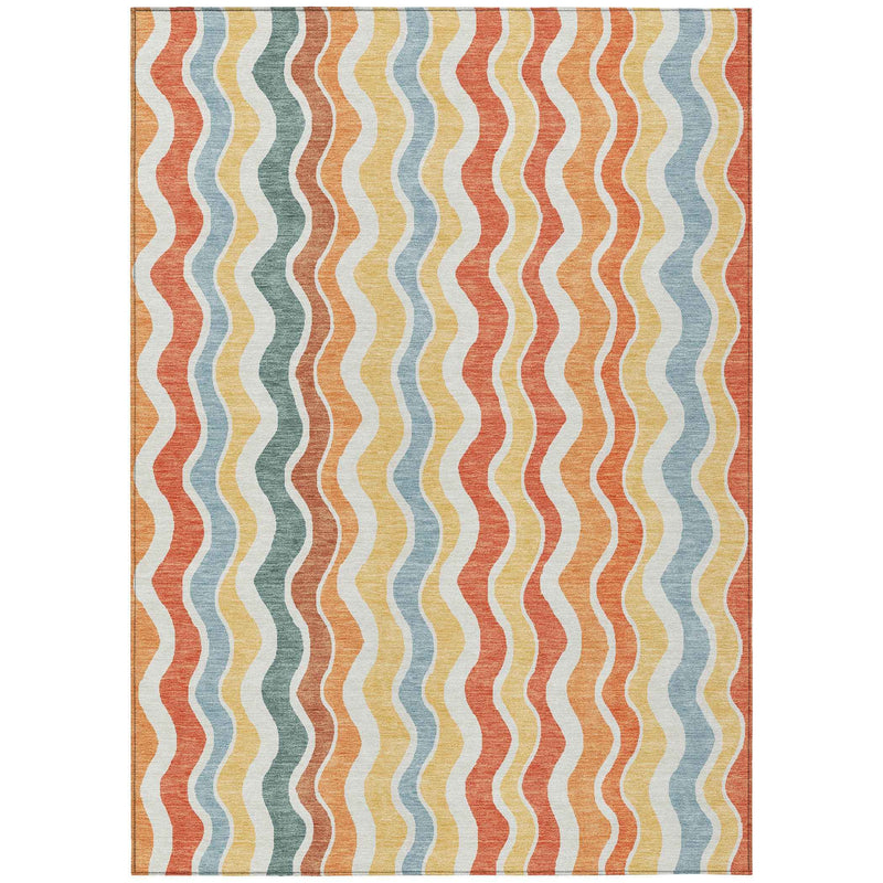 8' X 10' Coral Ivory And Gold Striped Washable Indoor Outdoor Area Rug