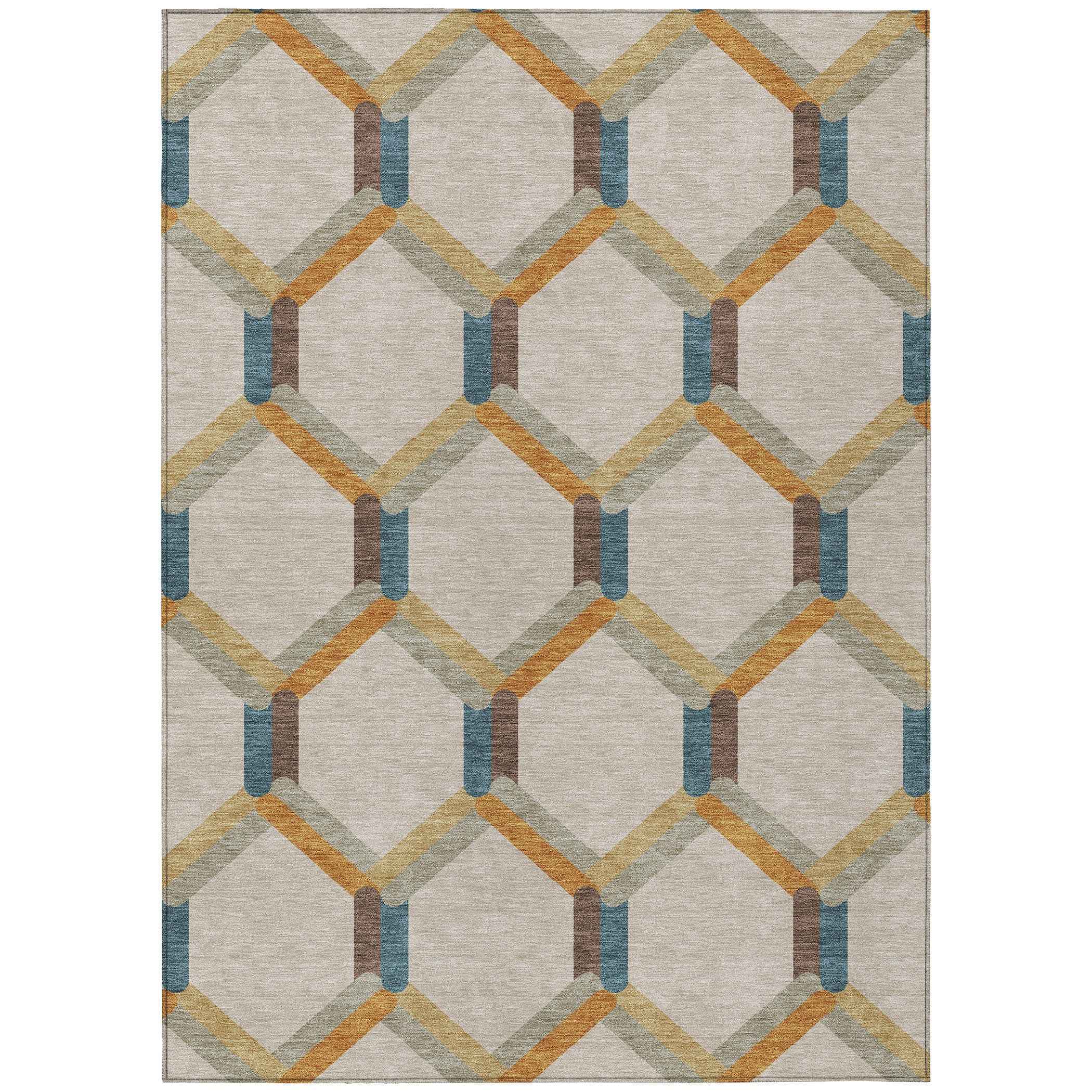 5' X 8' Beige Wheat And Blue Geometric Washable Indoor Outdoor Area Rug