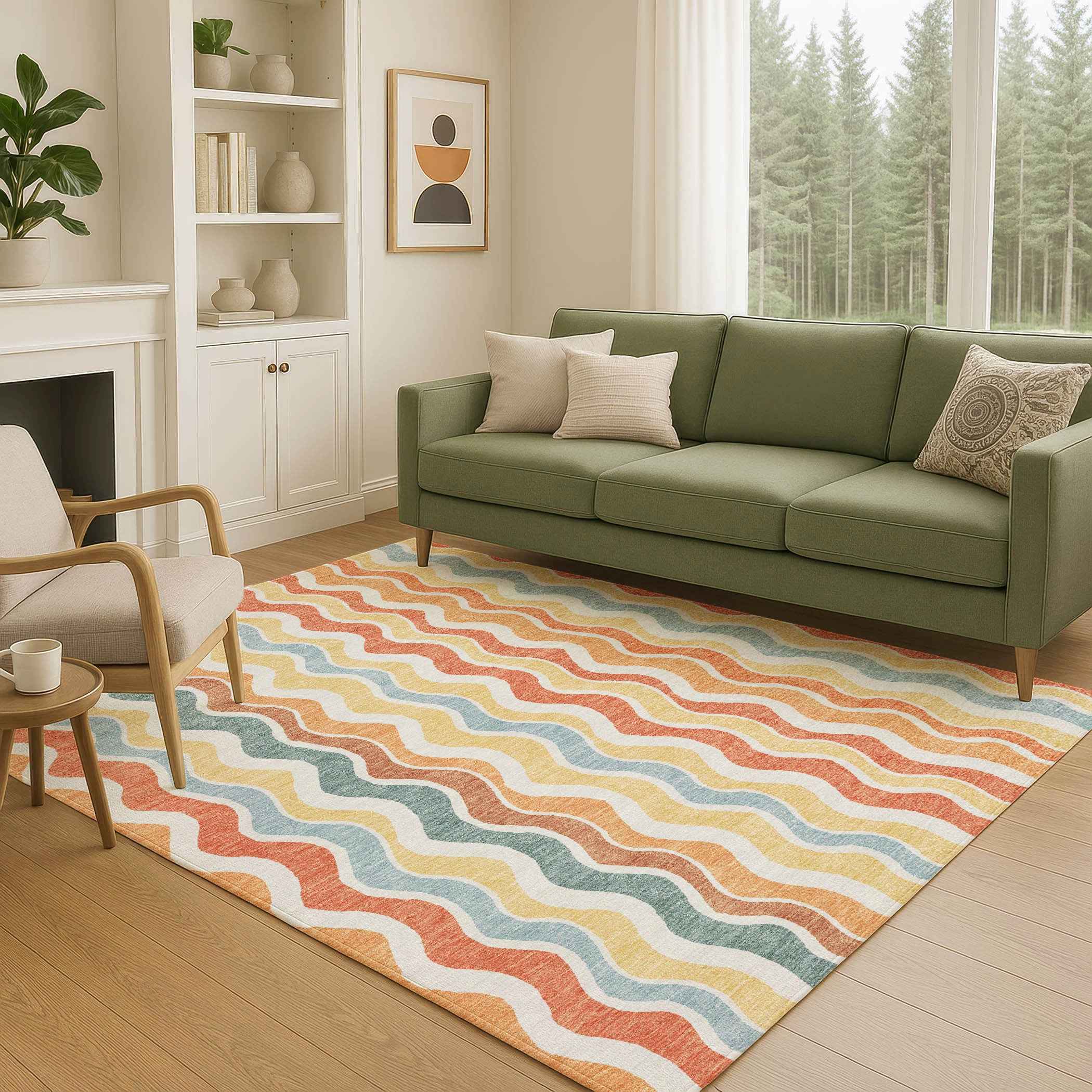 8' X 10' Coral Ivory And Gold Striped Washable Indoor Outdoor Area Rug