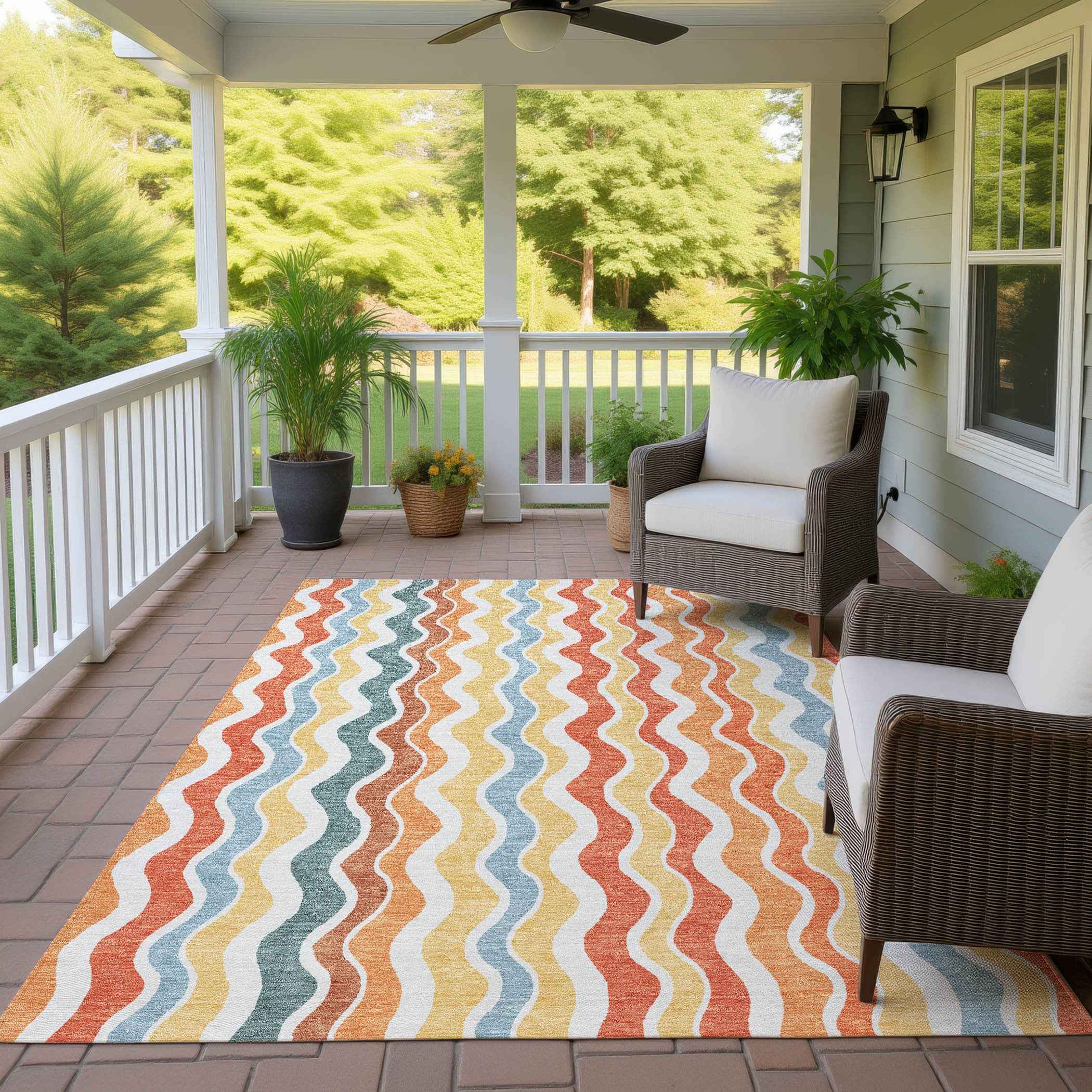 8' X 10' Coral Ivory And Gold Striped Washable Indoor Outdoor Area Rug