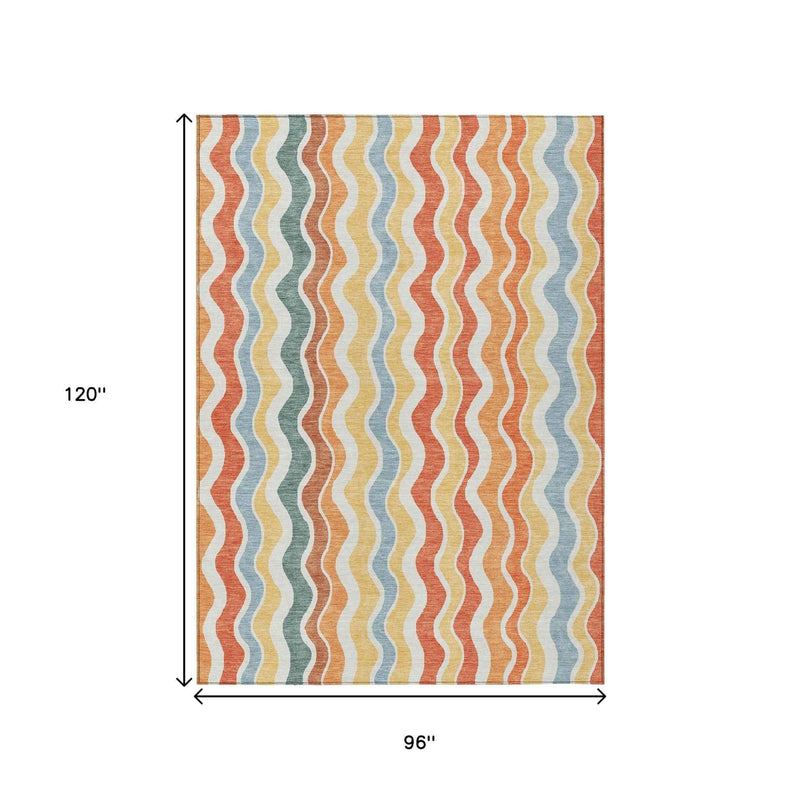 8' X 10' Coral Ivory And Gold Striped Washable Indoor Outdoor Area Rug