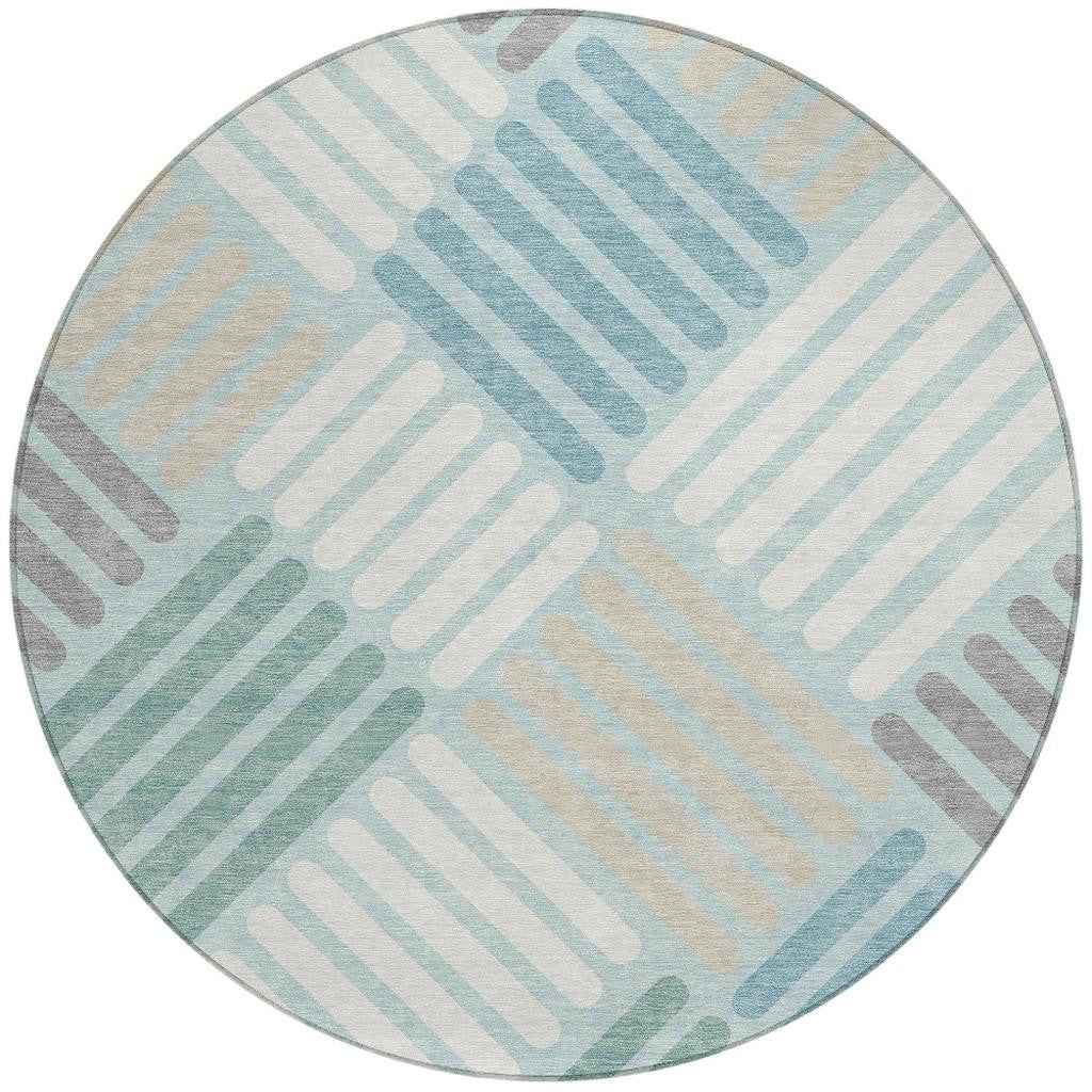 8' Pale Aqua Wheat And Ivory Round Geometric Washable Indoor Outdoor Area Rug