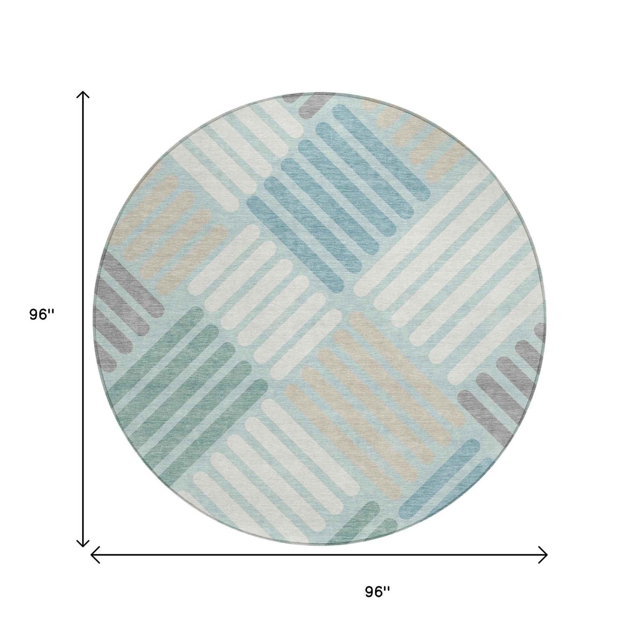 8' Pale Aqua Wheat And Ivory Round Geometric Washable Indoor Outdoor Area Rug