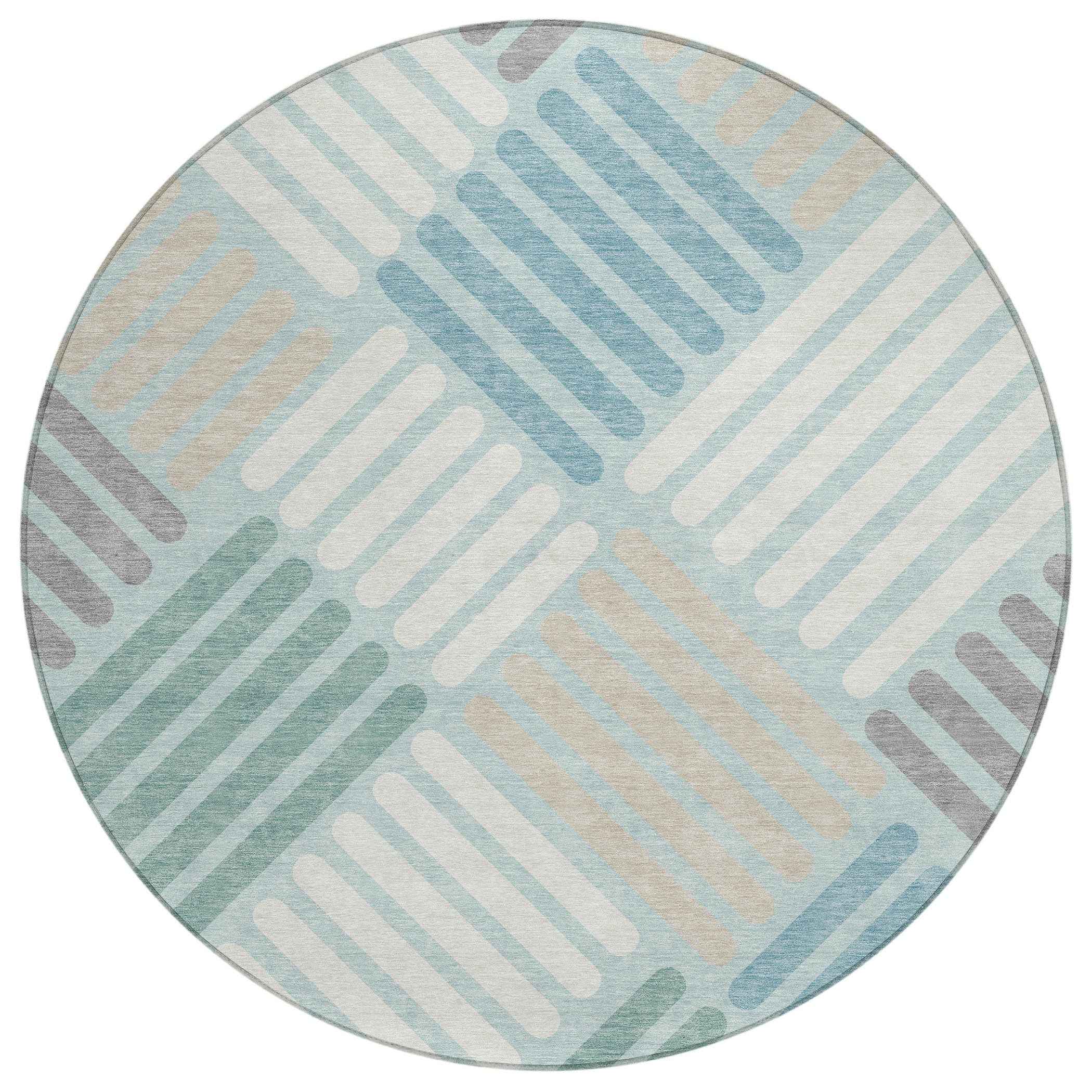 8' Pale Aqua Wheat And Ivory Round Geometric Washable Indoor Outdoor Area Rug