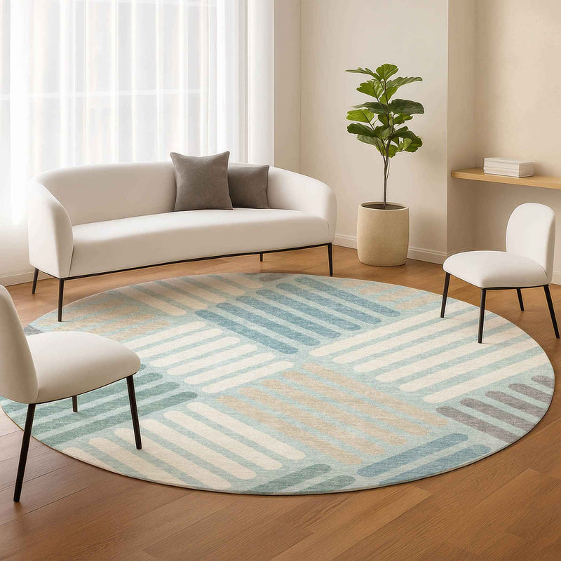 8' Pale Aqua Wheat And Ivory Round Geometric Washable Indoor Outdoor Area Rug