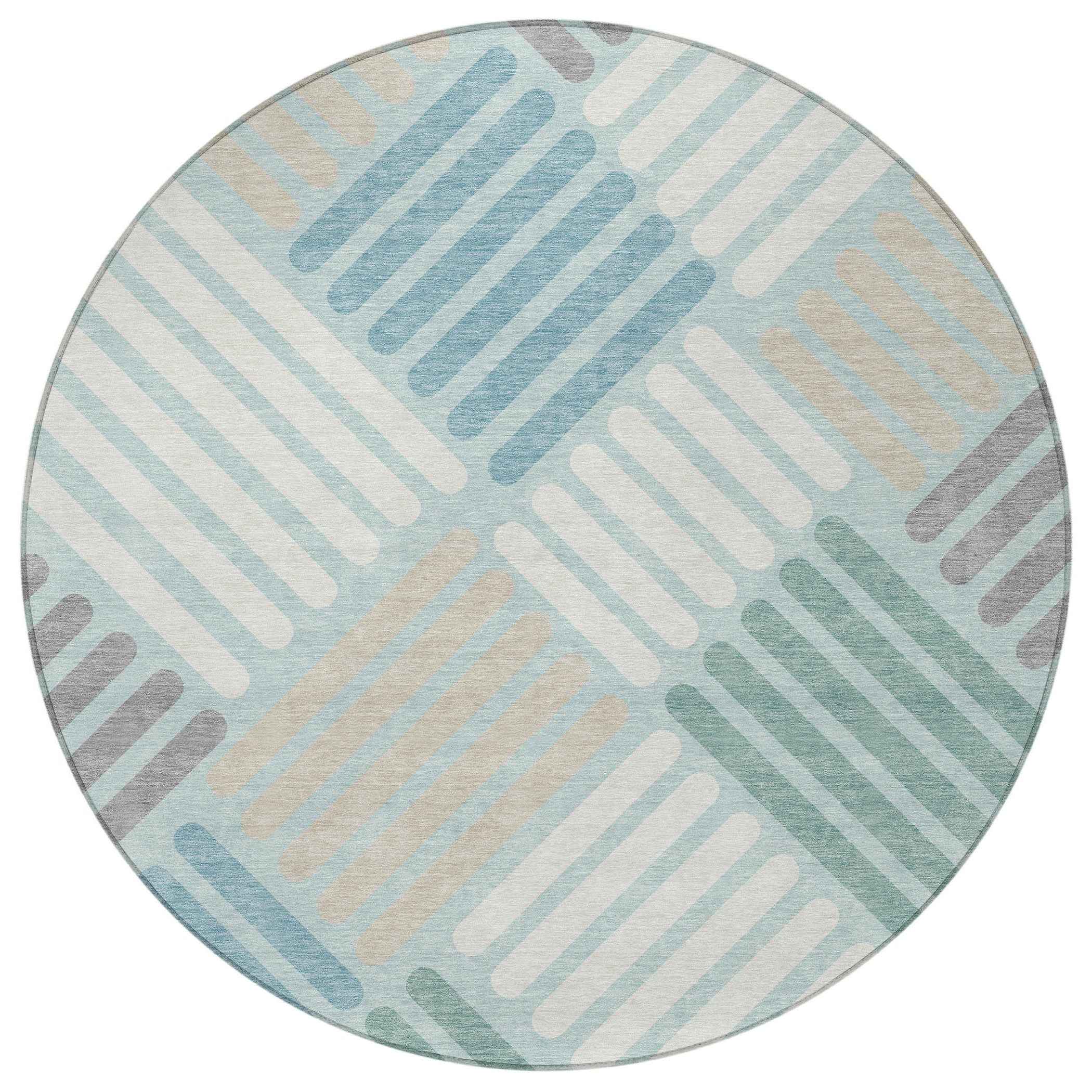 8' Pale Aqua Wheat And Ivory Round Geometric Washable Indoor Outdoor Area Rug
