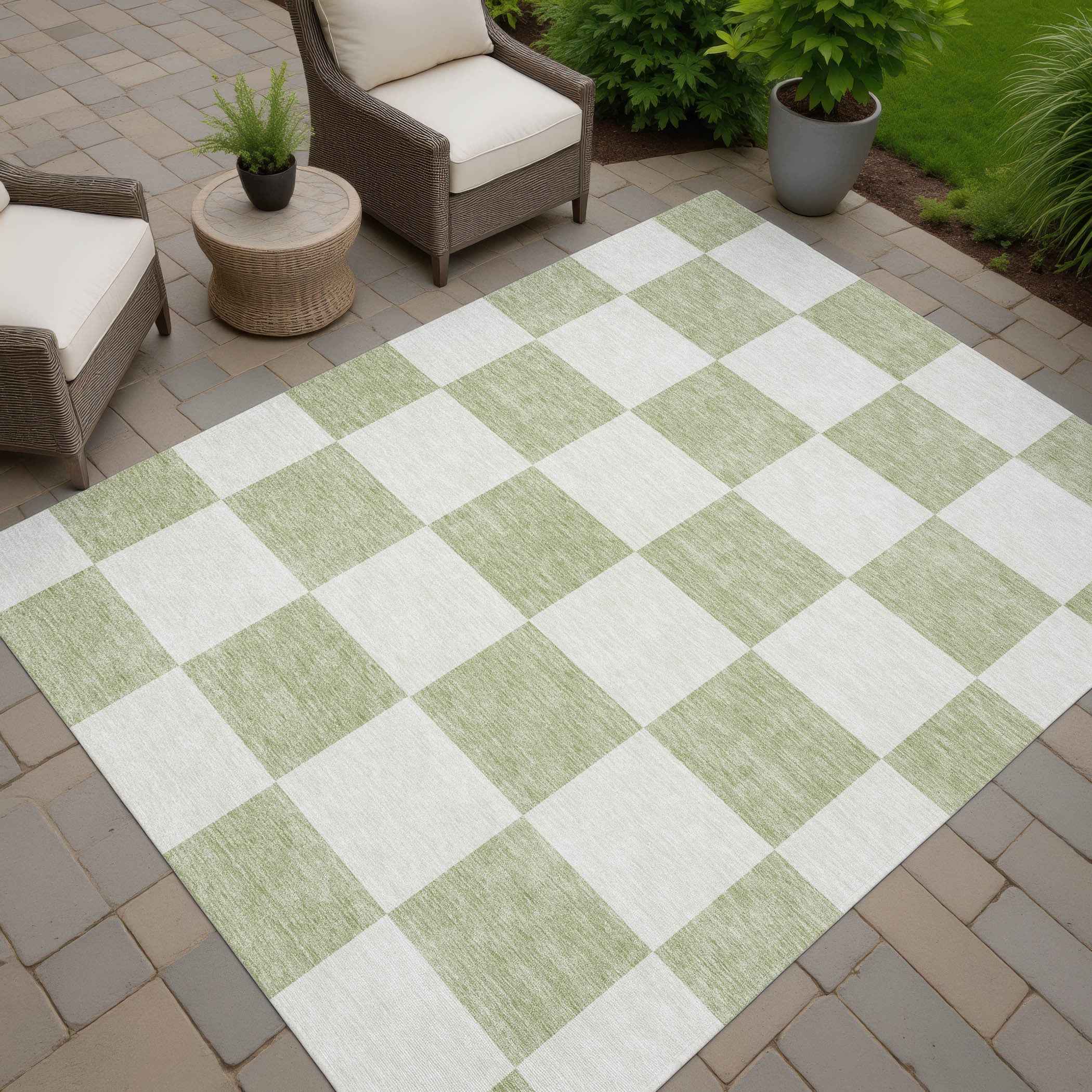 9' X 12' Artichoke Green And Ivory Geometric Washable Indoor Outdoor Area Rug