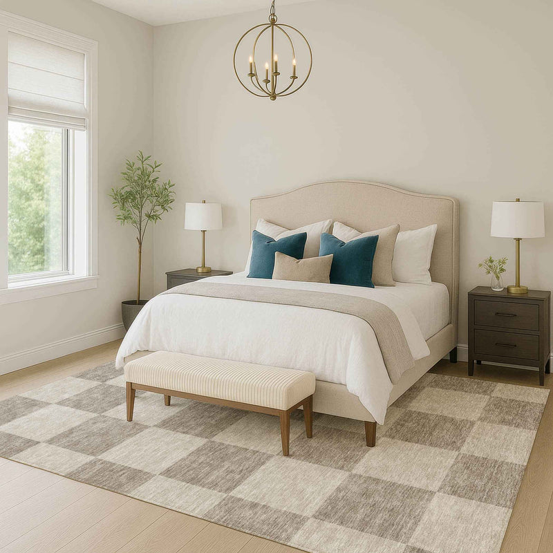 9' X 12' Khaki And Taupe Geometric Washable Indoor Outdoor Area Rug