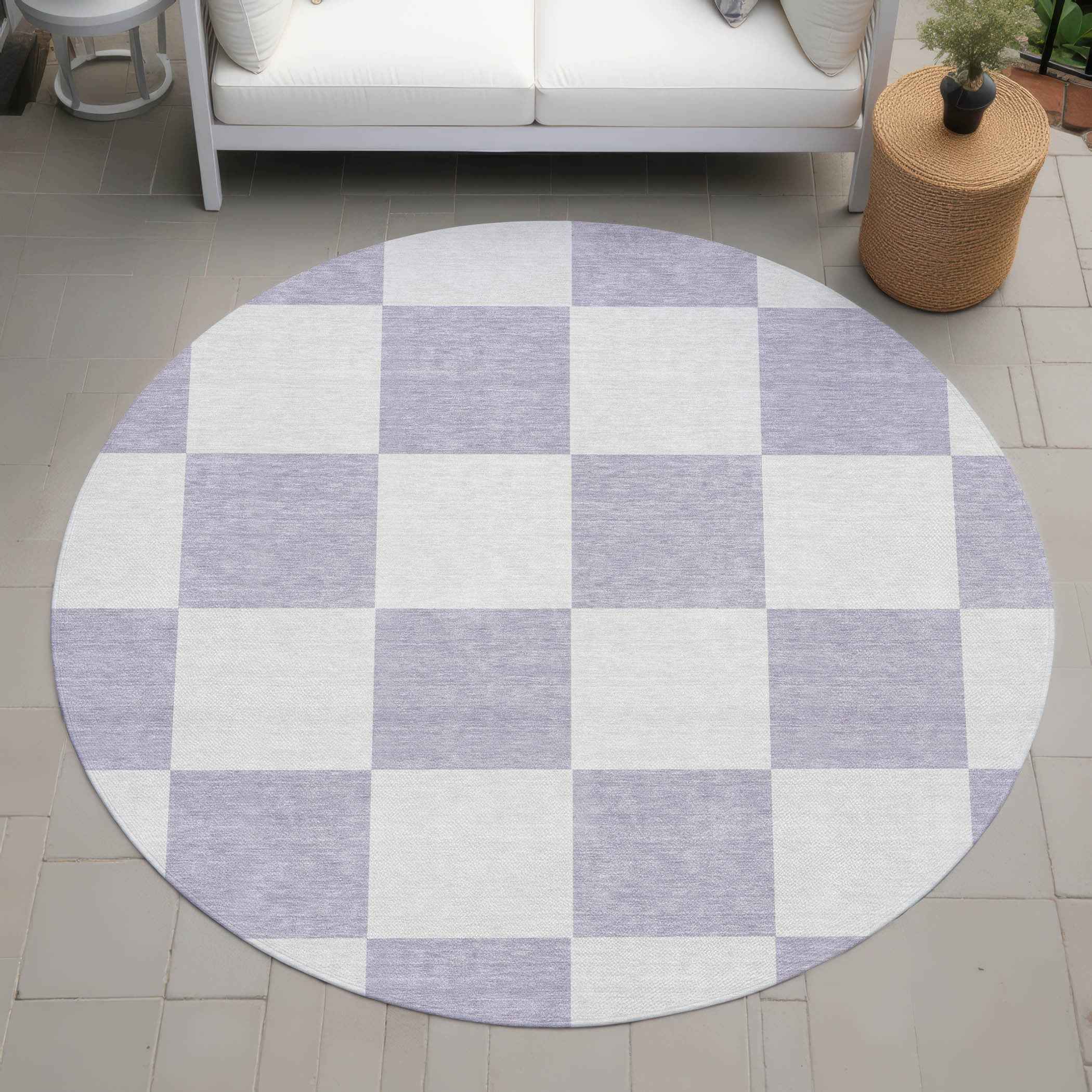 8' Lavender And Ivory Round Geometric Washable Indoor Outdoor Area Rug