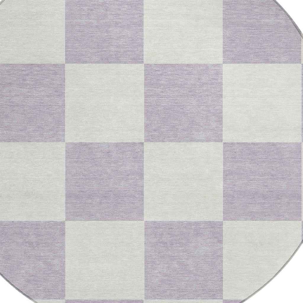 8' Lavender And Ivory Round Geometric Washable Indoor Outdoor Area Rug