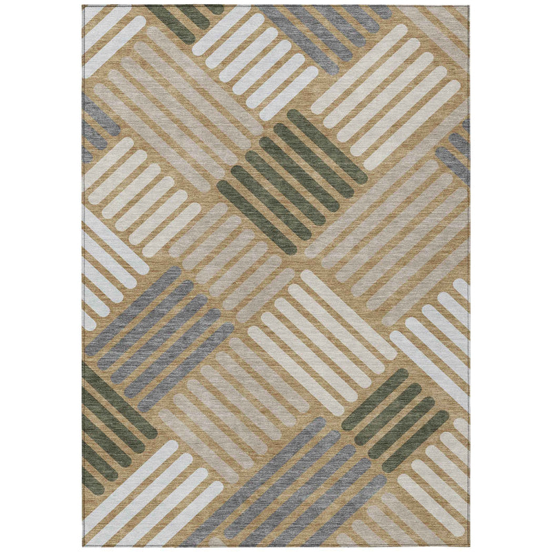 8' X 10' Gold Ivory And Charcoal Geometric Washable Indoor Outdoor Area Rug