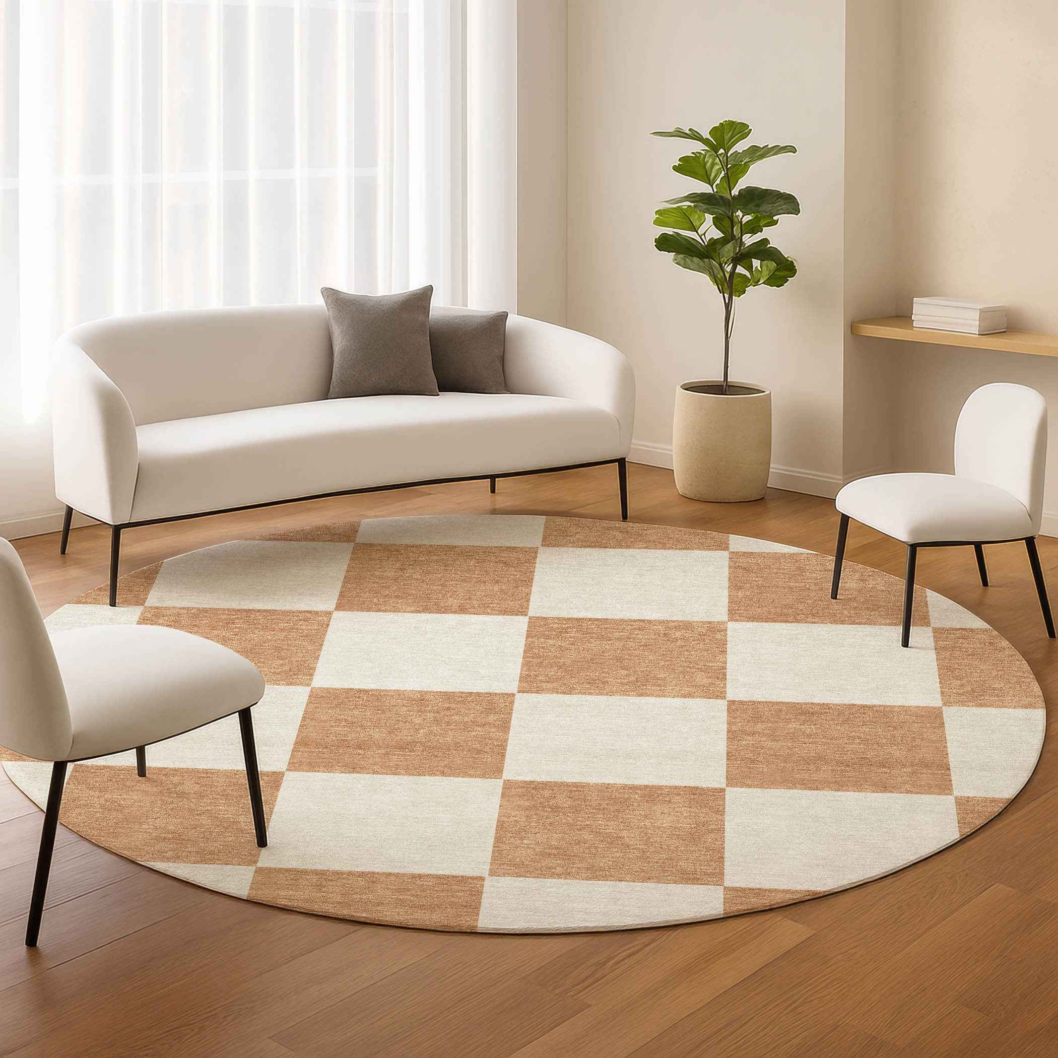 8' Copper And Ivory Round Geometric Washable Indoor Outdoor Area Rug