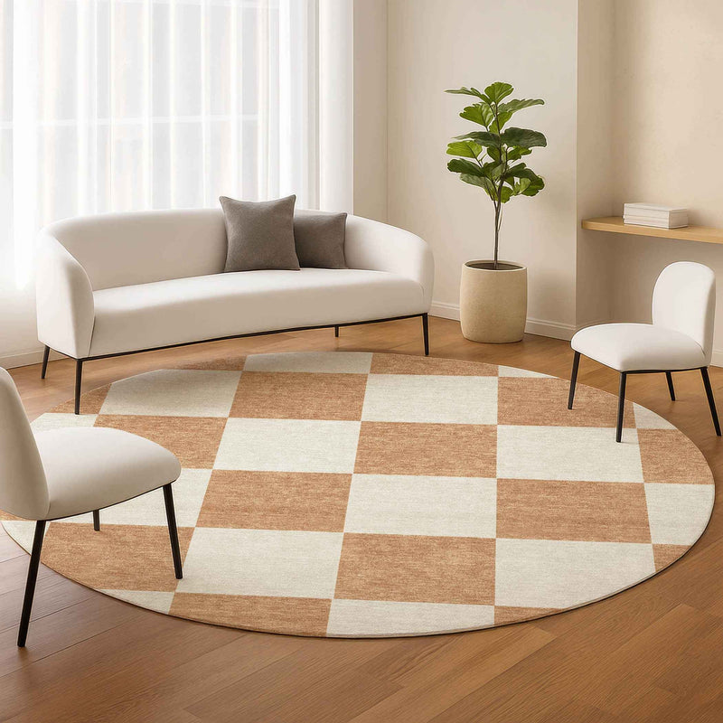 8' Copper And Ivory Round Geometric Washable Indoor Outdoor Area Rug