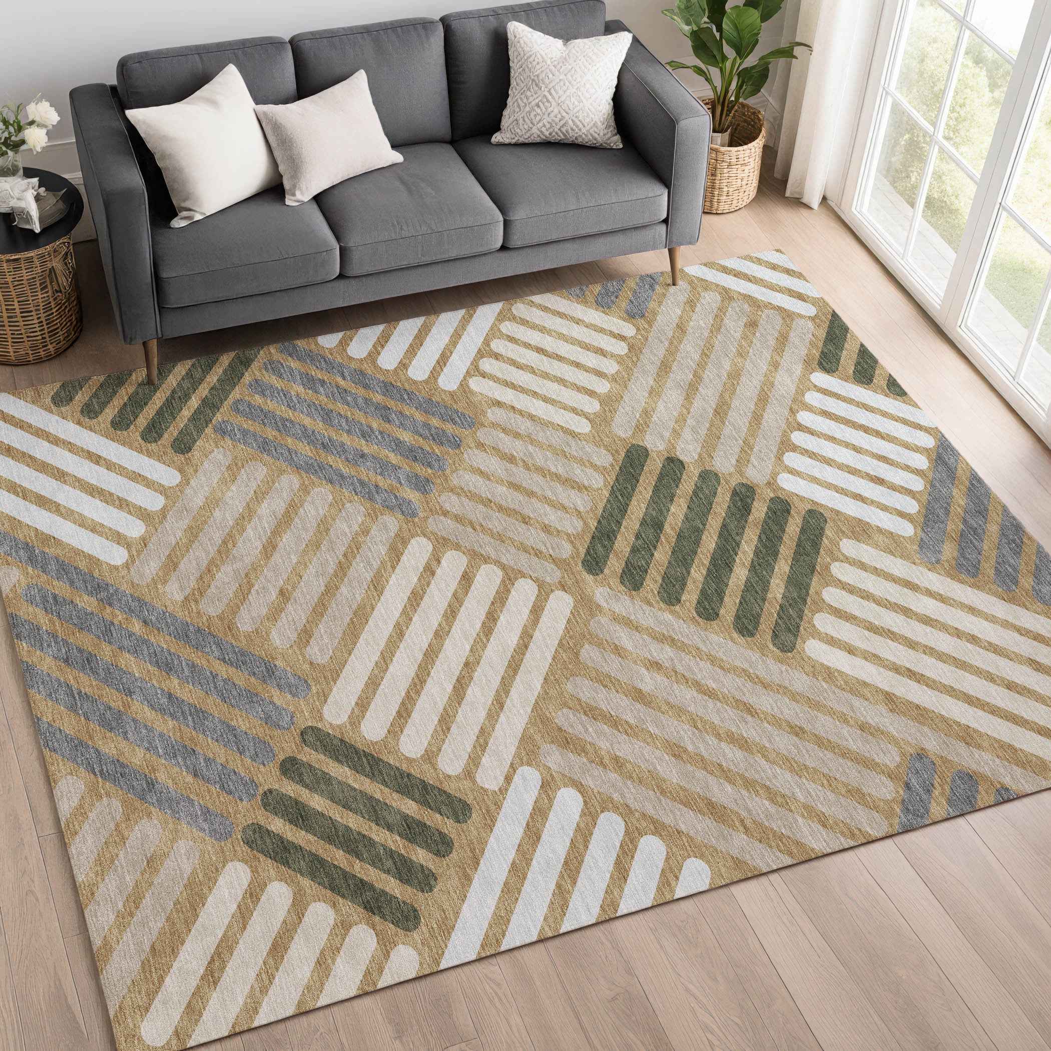 8' X 10' Gold Ivory And Charcoal Geometric Washable Indoor Outdoor Area Rug