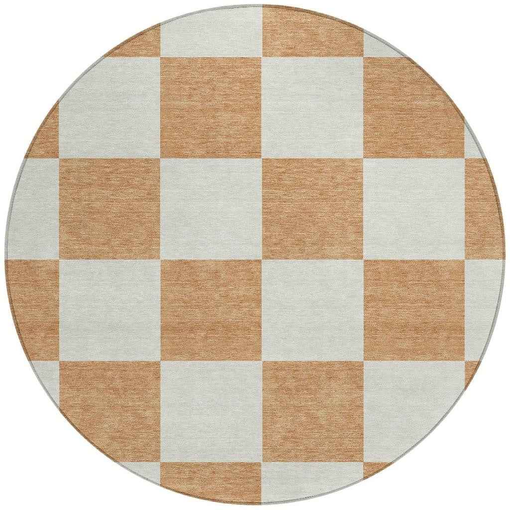 8' Copper And Ivory Round Geometric Washable Indoor Outdoor Area Rug