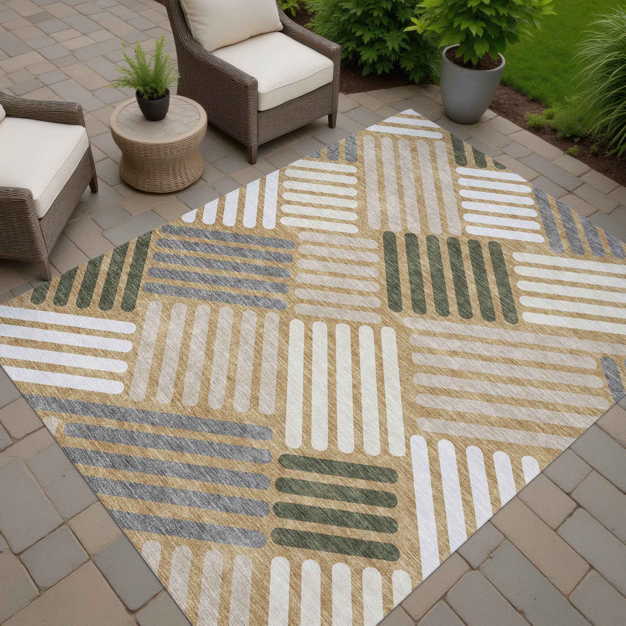 8' X 10' Gold Ivory And Charcoal Geometric Washable Indoor Outdoor Area Rug