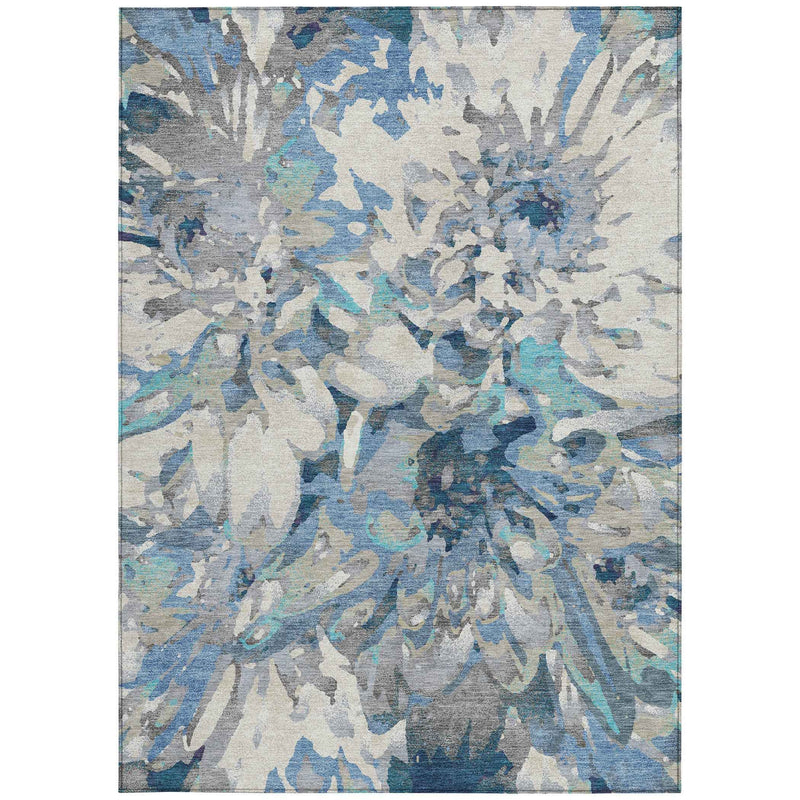10' X 14' Denim Blue Gray And Ivory Floral Washable Indoor Outdoor Area Rug