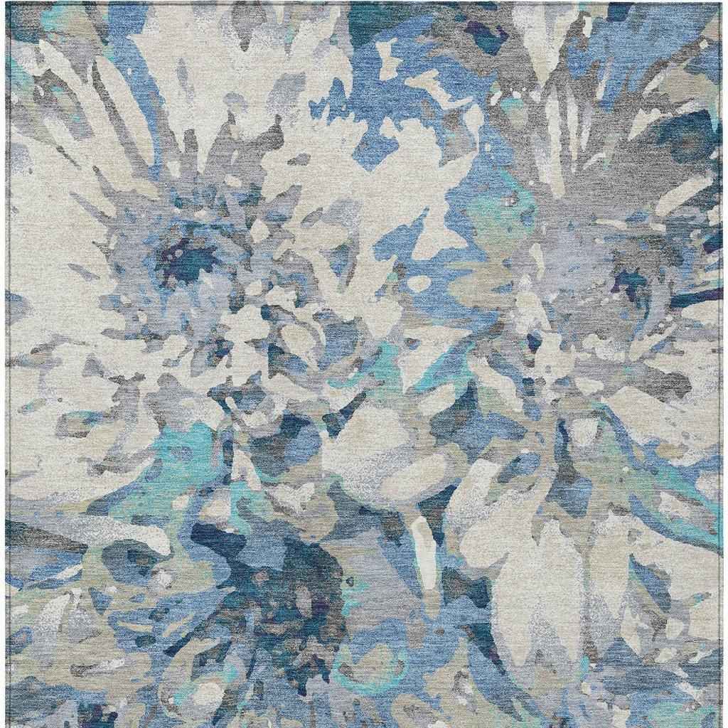 10' X 14' Denim Blue Gray And Ivory Floral Washable Indoor Outdoor Area Rug