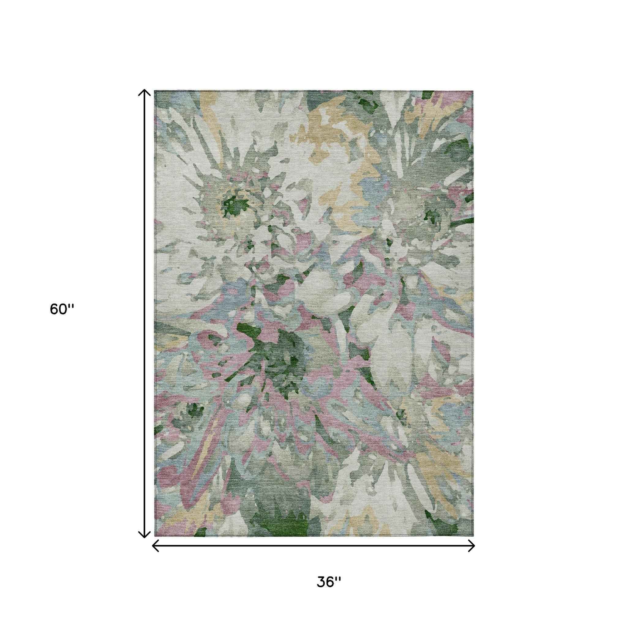 3' X 5' Sage Gold And Emerald Floral Washable Indoor Outdoor Area Rug