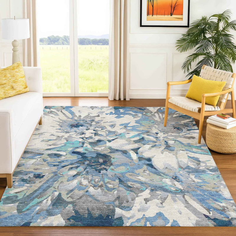 10' X 14' Denim Blue Gray And Ivory Floral Washable Indoor Outdoor Area Rug