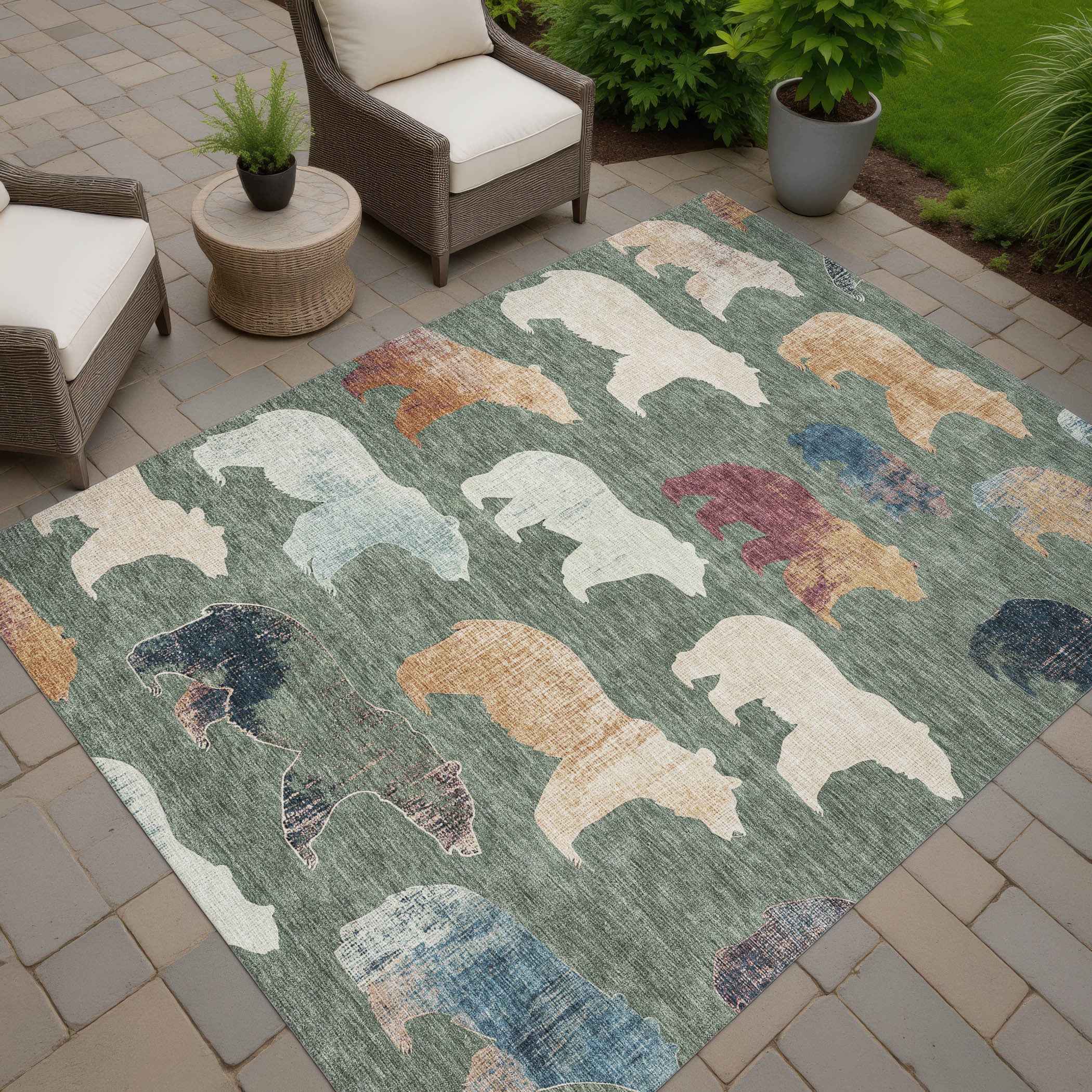 8' X 10' Green Ivory And Copper Animal Print Washable Indoor Outdoor Area Rug