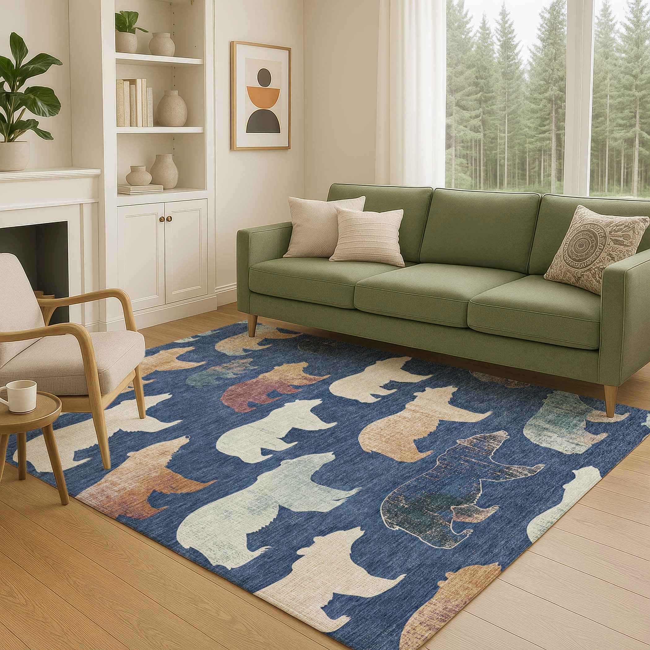 9' X 12' Navy Blue Ivory And Beige Animal Print Washable Indoor Outdoor Area Rug