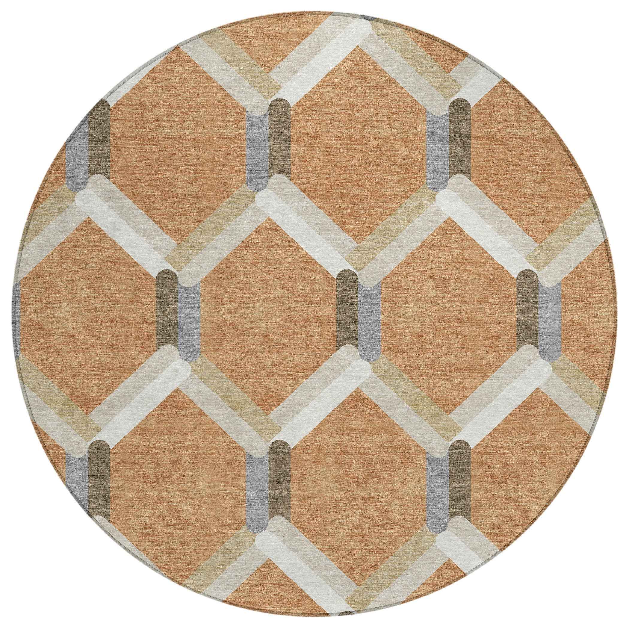 8' Copper Ivory And Gray Round Geometric Washable Indoor Outdoor Area Rug