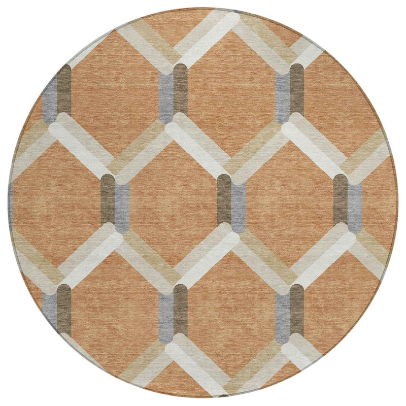 8' Copper Ivory And Gray Round Geometric Washable Indoor Outdoor Area Rug