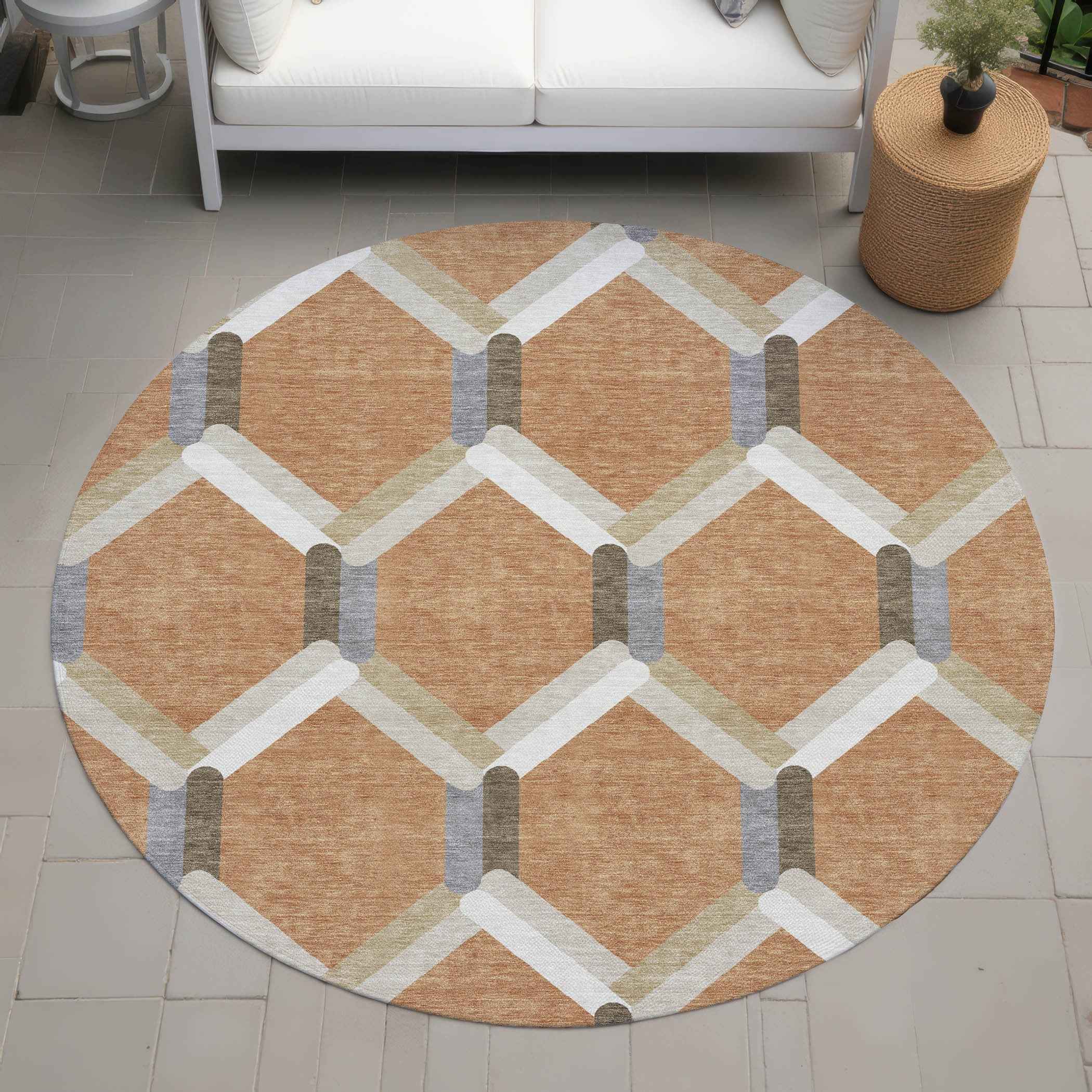 8' Copper Ivory And Gray Round Geometric Washable Indoor Outdoor Area Rug