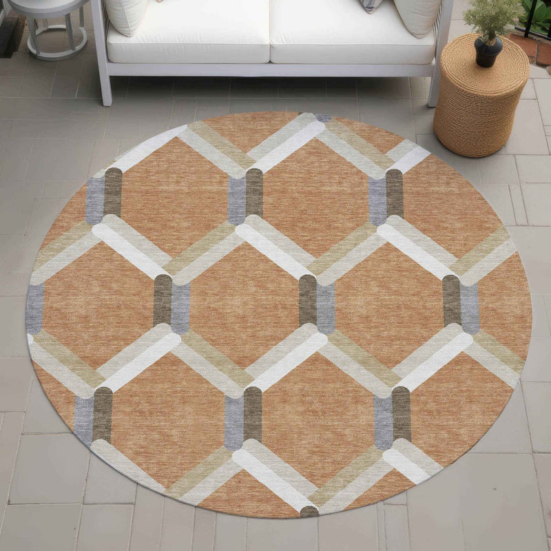 8' Copper Ivory And Gray Round Geometric Washable Indoor Outdoor Area Rug