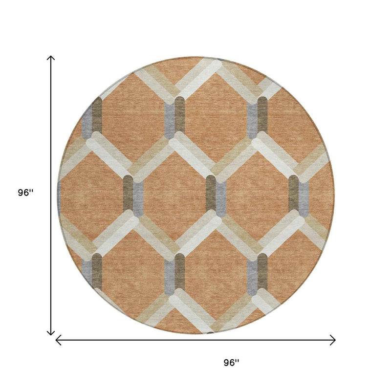 8' Copper Ivory And Gray Round Geometric Washable Indoor Outdoor Area Rug