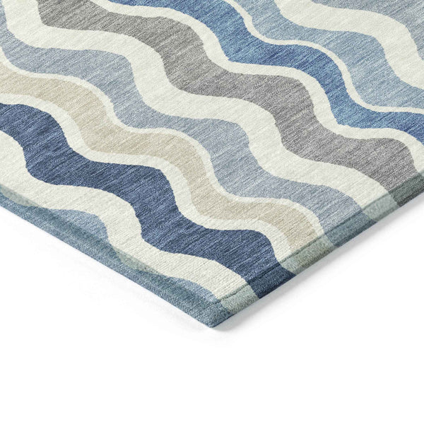 5' X 8' Blue Khaki And Ivory Striped Washable Indoor Outdoor Area Rug