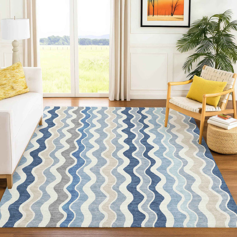 5' X 8' Blue Khaki And Ivory Striped Washable Indoor Outdoor Area Rug